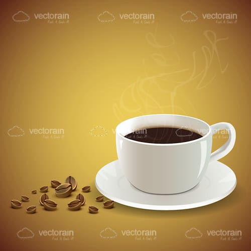 Steamy Hot Coffee Cup with Coffee Beans on the Side